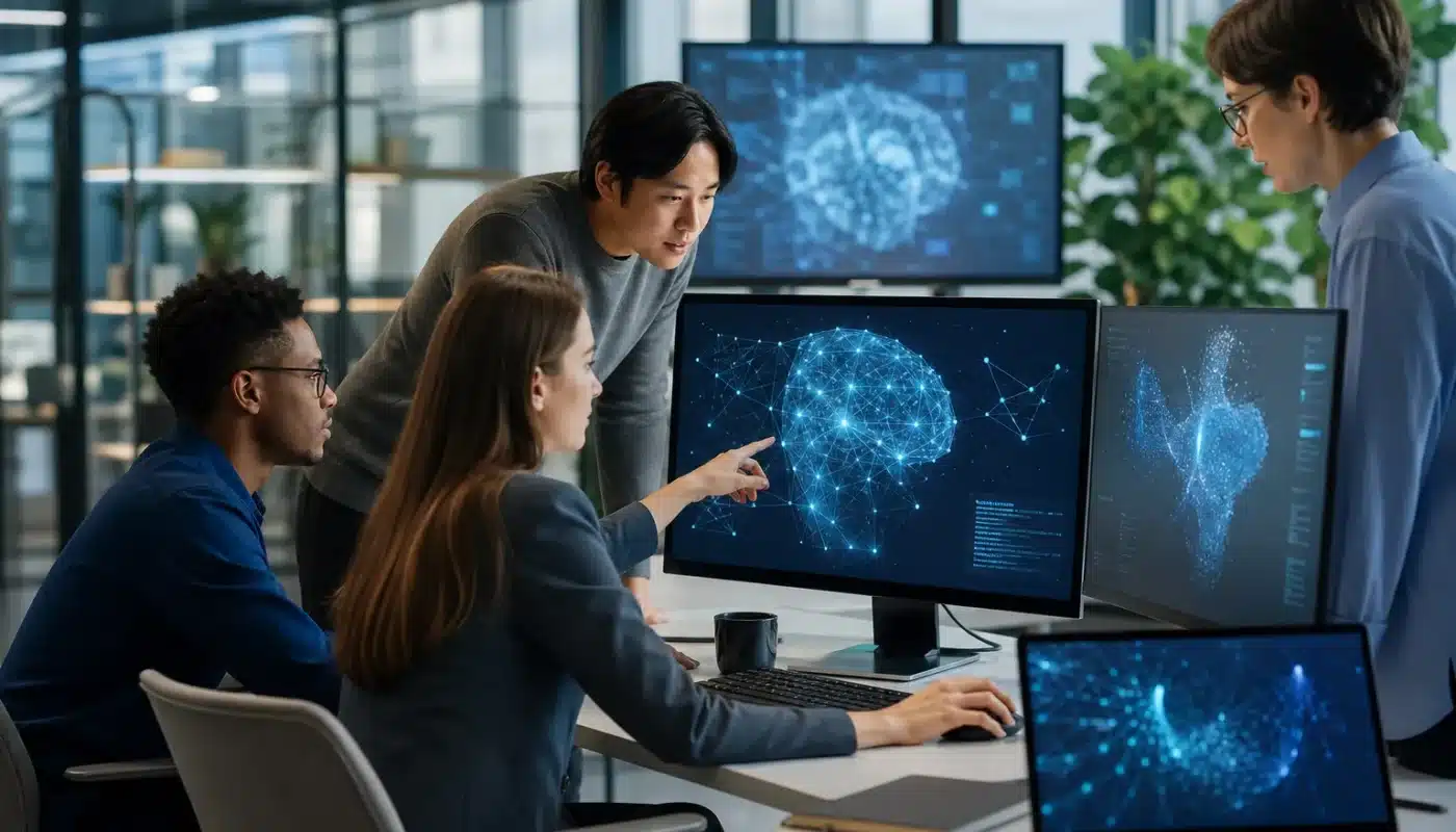Diverse professionals analyzing AI prompt engineering strategies