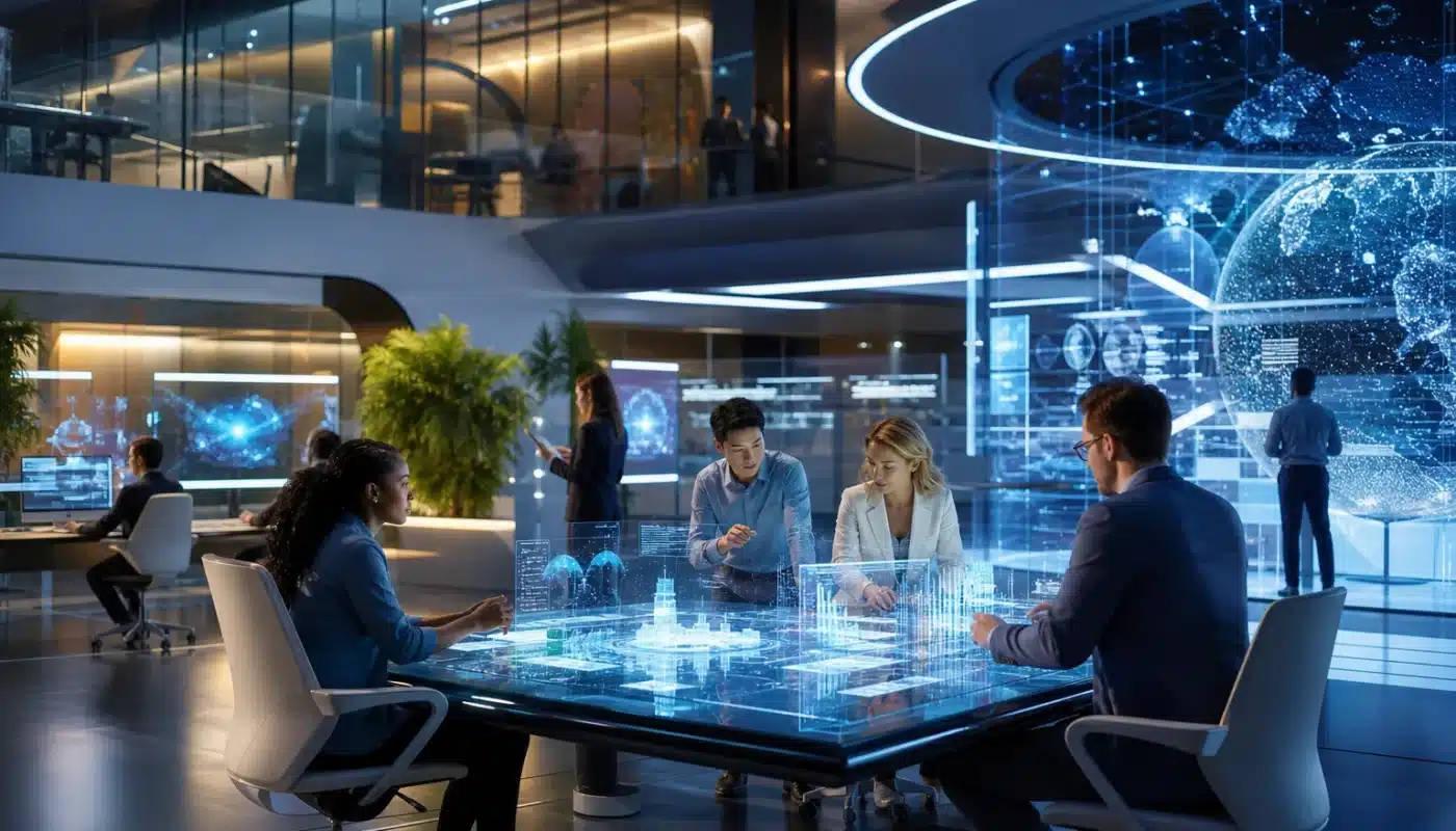 Futuristic AI technology with data analytics and innovation symbols