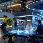 Futuristic AI technology with data analytics and innovation symbols