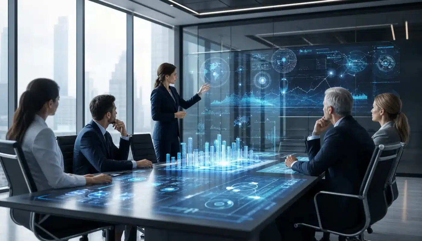 Futuristic business team analyzing AI technology trends in 2026