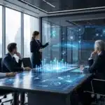 Futuristic business team analyzing AI technology trends in 2026