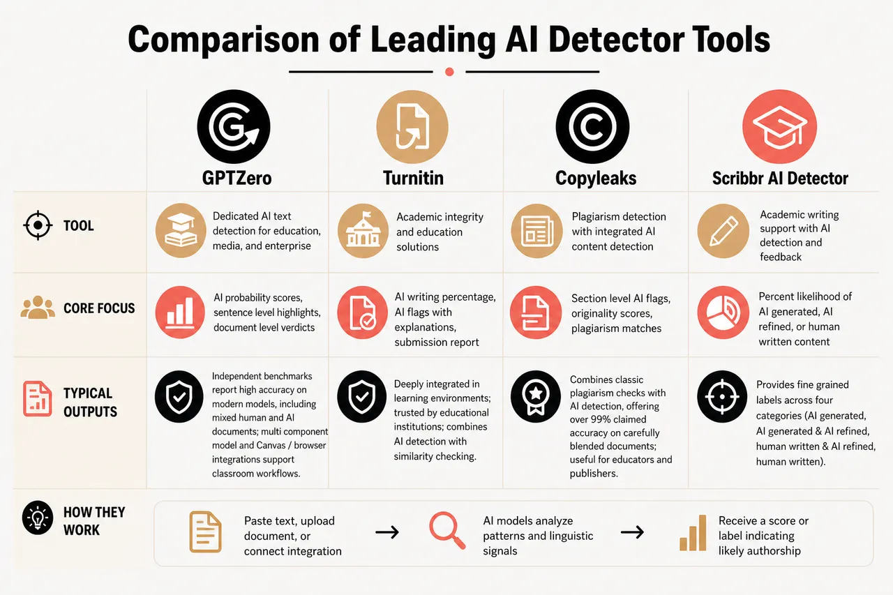 How Artificial Intelligence Detectors Spot AI‑Generated Text (and When They Get It Wrong)? , Comparison of Leading AI Detector Tools