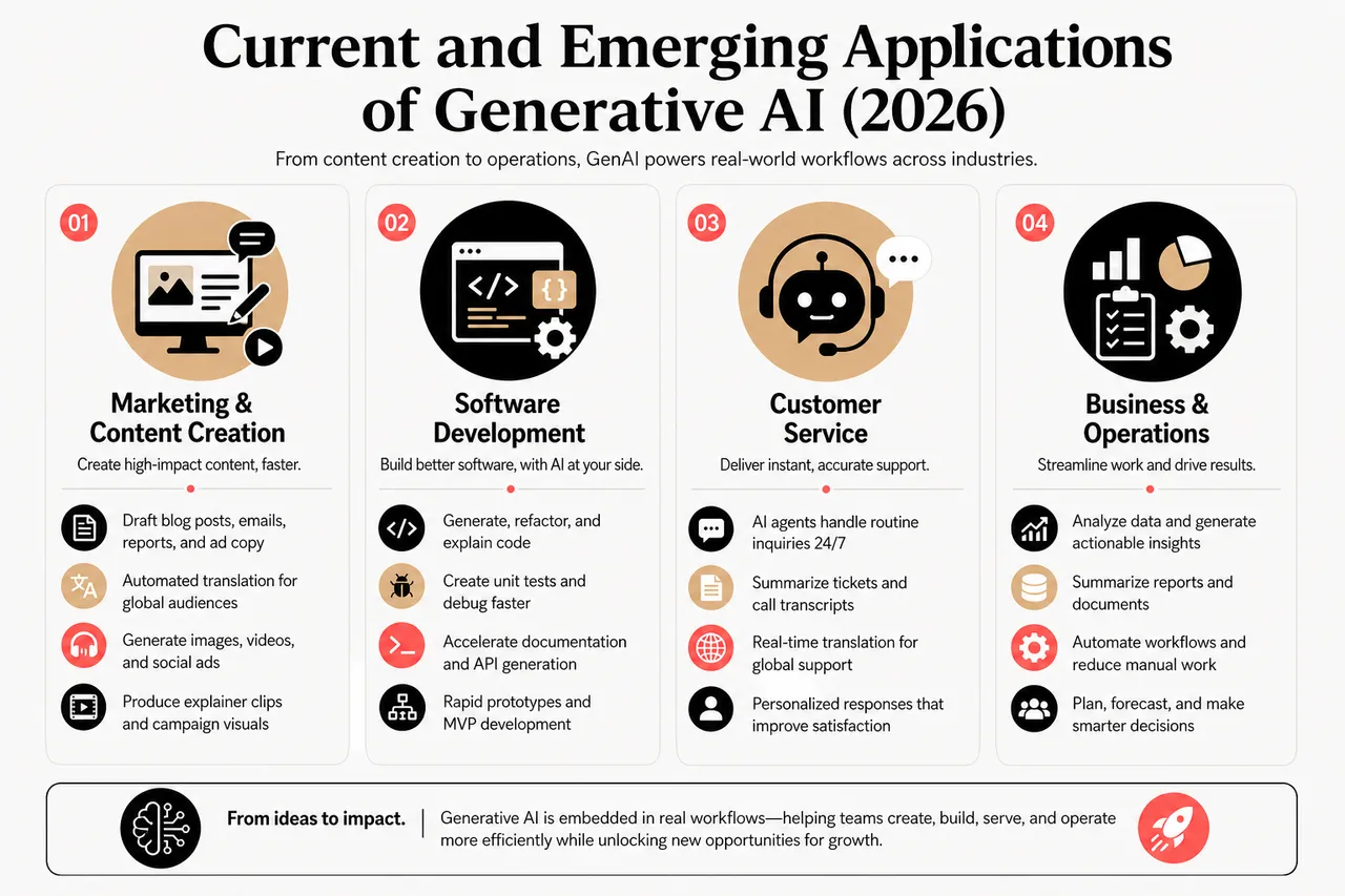 Generative Artificial Intelligence in 2026: Practical Uses, Risks, and Opportunities , Current and Emerging Applications of Generative AI (2026)