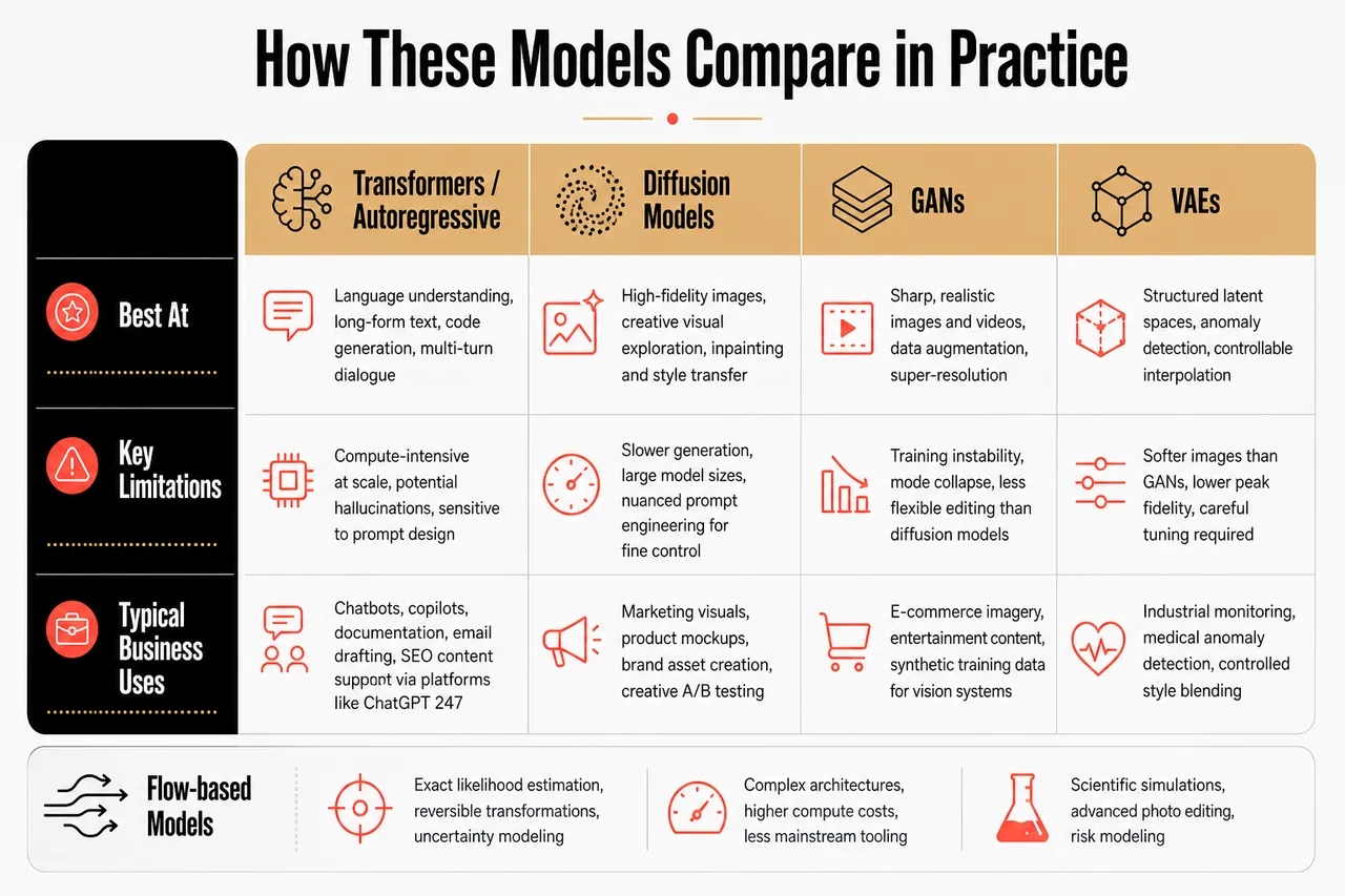 7 Generative AI Model Types You Should Know (With Real‑World Examples) , How These Models Compare in Practice