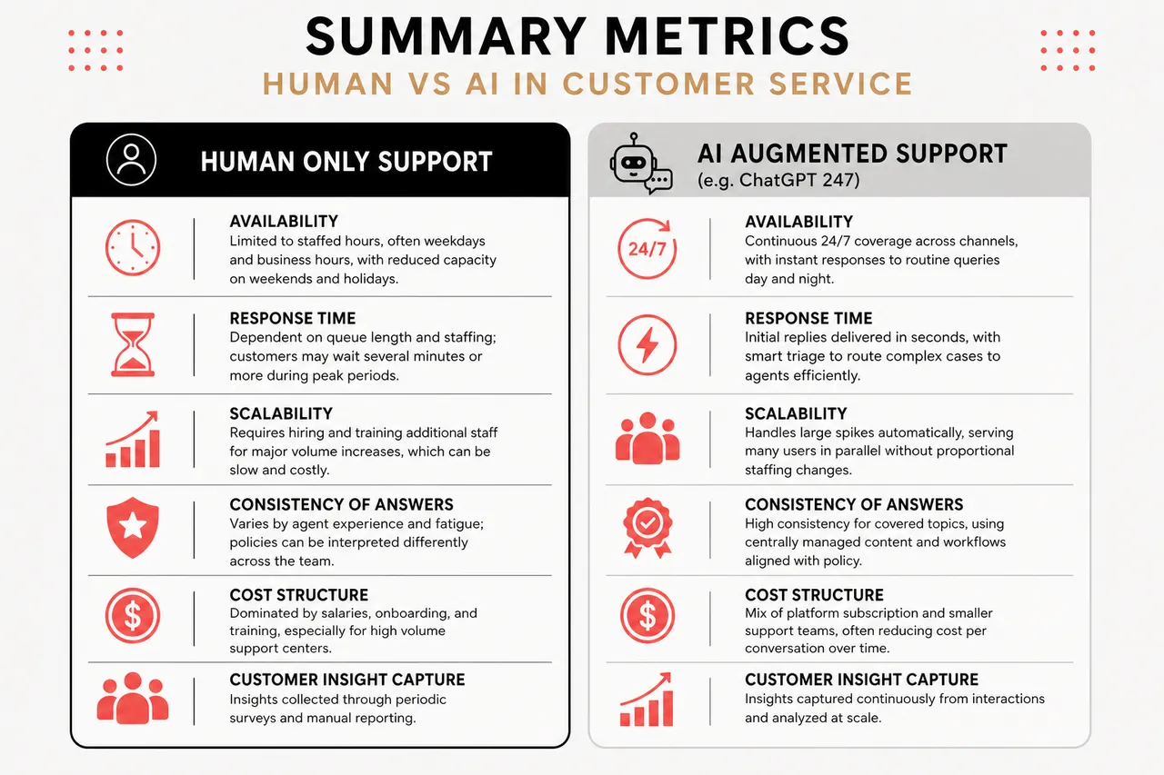 5 Ways AI Chatbots Transform Customer Service (With Examples and Pitfalls) , Summary Metrics: Human vs AI in Customer Service