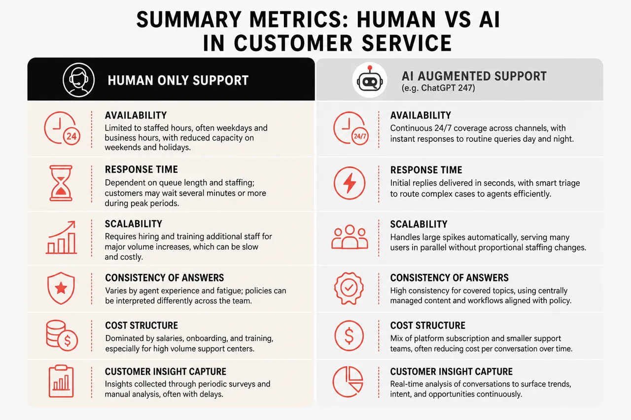 5 Ways AI Chatbots Transform Customer Service (With Examples and Pitfalls) , Summary Metrics: Human vs AI in Customer Service