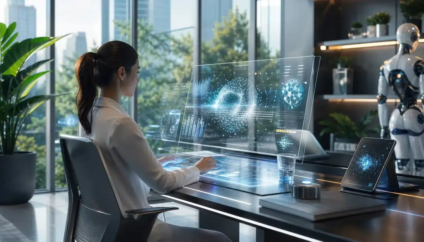 Futuristic AI technology interface illustrating generative artificial intelligence in 2026