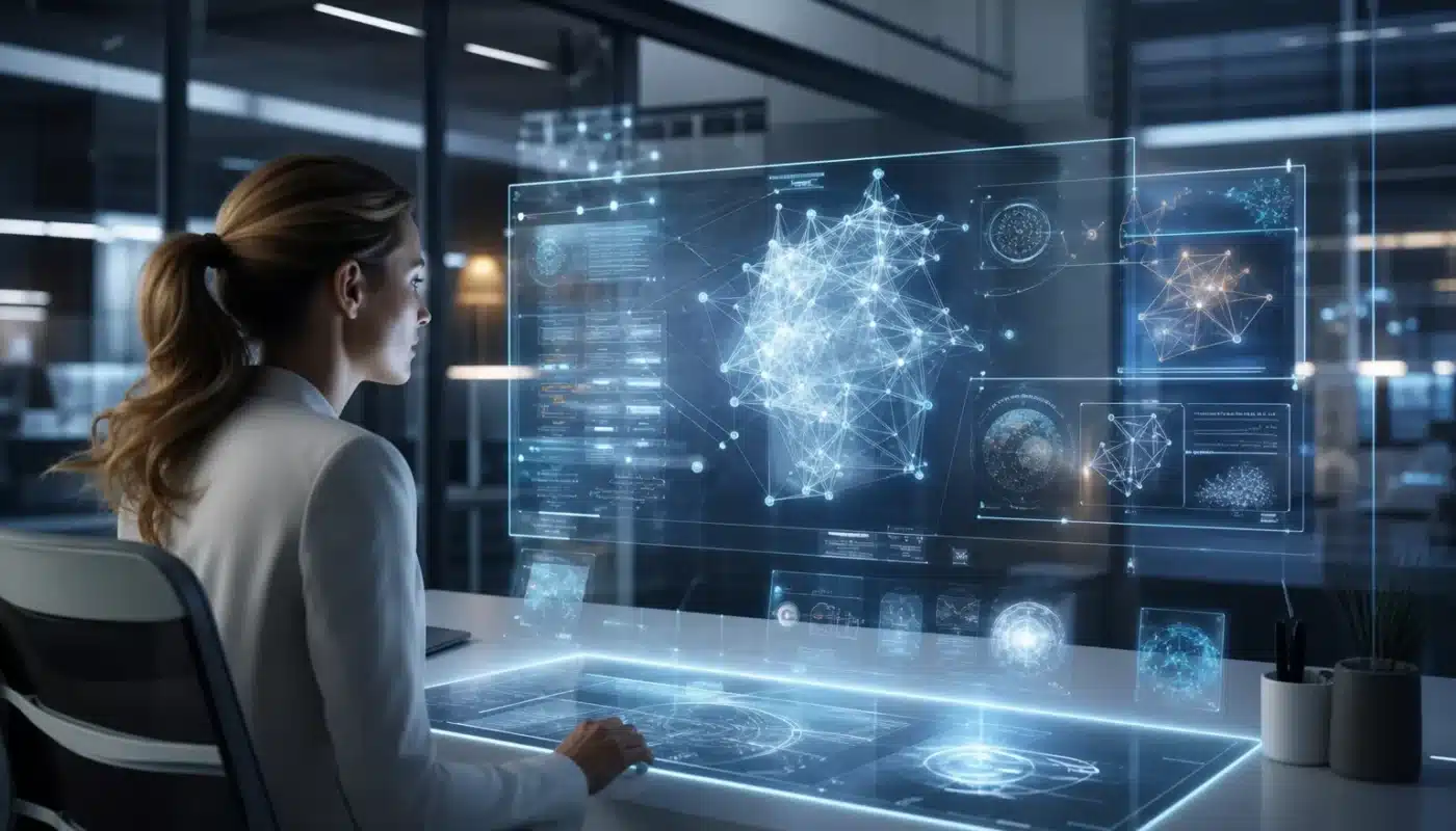 Artificial Intelligence concept with digital neural network visualization