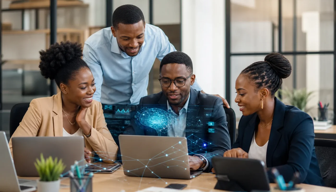 Collaborative team developing AI usage policy for innovation