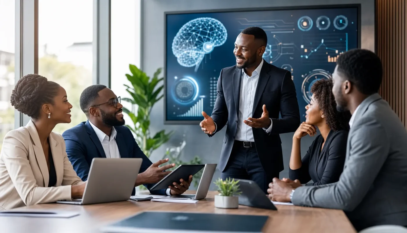 Futuristic office with AI automation and human collaboration in 2026