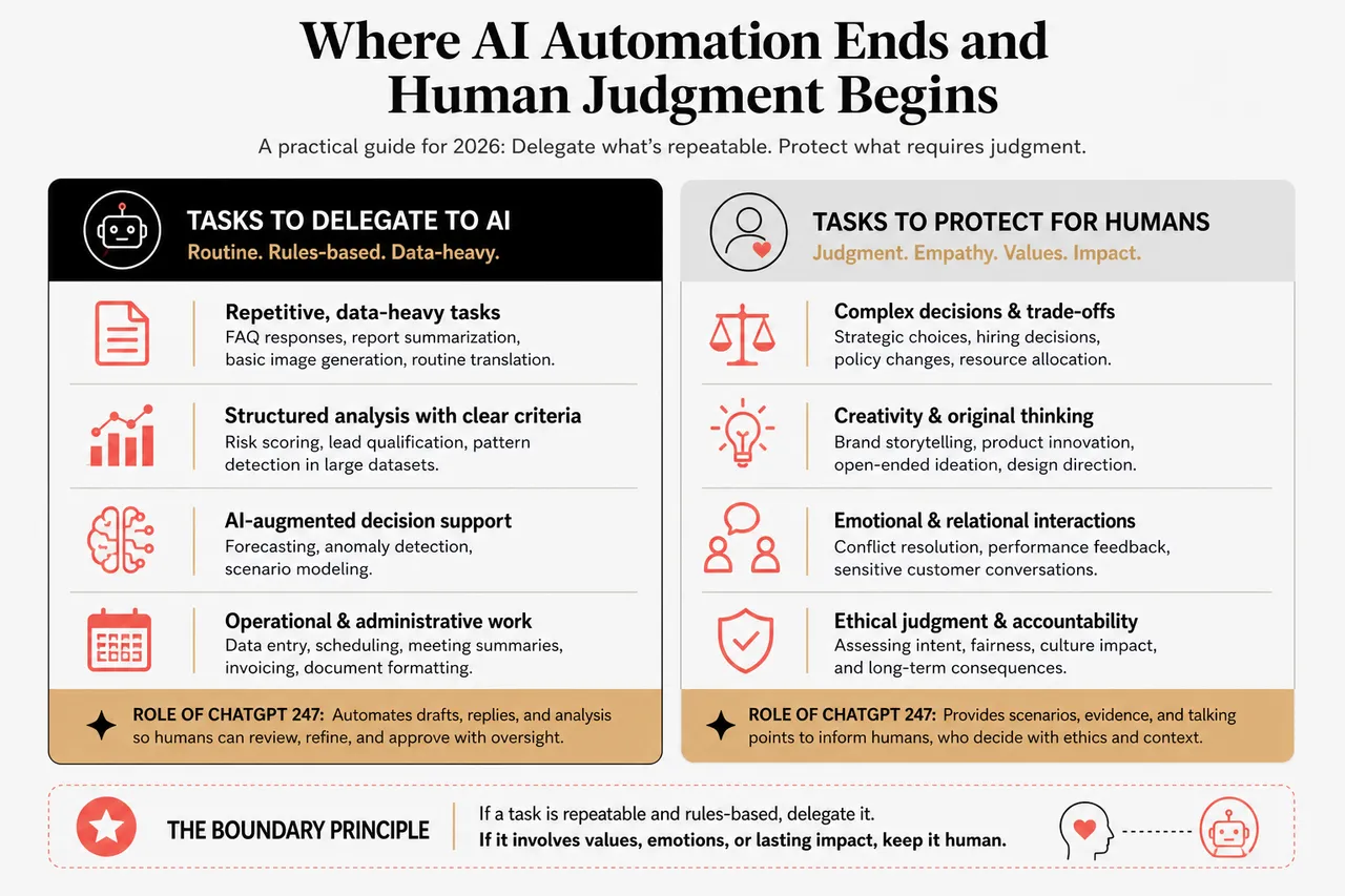 AI Automation vs Human Work in 2026 and What Tasks to Delegate or Keep? , Where AI Automation Ends and Human Judgment Begins